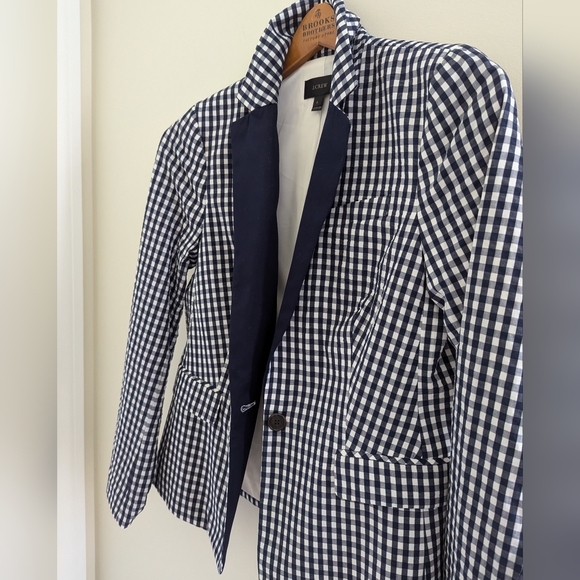 NEW J. CREW Puckered Gingham Blazer Jacket WOMEN'S 8 Navy White Cotton Preppy - Picture 5 of 16
